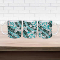 Cyan Tahiti Tiare Monstera Ceramic Mug Polynesian Pattern Curve Style - Polynesian Pride