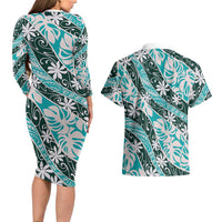 Cyan Tahiti Tiare Monstera Couples Matching Long Sleeve Bodycon Dress and Hawaiian Shirt Polynesian Pattern Curve Style - Polynesian Pride