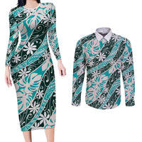 Cyan Tahiti Tiare Monstera Couples Matching Long Sleeve Bodycon Dress and Long Sleeve Button Shirt Polynesian Pattern Curve Style - Polynesian Pride