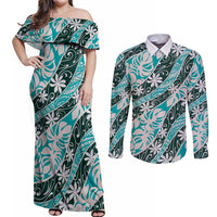 Cyan Tahiti Tiare Monstera Couples Matching Off Shoulder Maxi Dress and Long Sleeve Button Shirt Polynesian Pattern Curve Style - Polynesian Pride