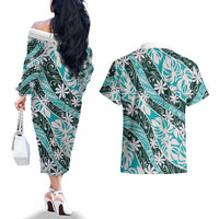Cyan Tahiti Tiare Monstera Couples Matching Off The Shoulder Long Sleeve Dress and Hawaiian Shirt Polynesian Pattern Curve Style - Polynesian Pride
