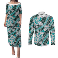 Cyan Tahiti Tiare Monstera Couples Matching Puletasi and Long Sleeve Button Shirt Polynesian Pattern Curve Style - Polynesian Pride