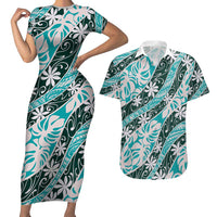 Cyan Tahiti Tiare Monstera Couples Matching Short Sleeve Bodycon Dress and Hawaiian Shirt Polynesian Pattern Curve Style - Polynesian Pride
