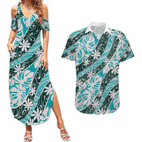 Cyan Tahiti Tiare Monstera Couples Matching Summer Maxi Dress and Hawaiian Shirt Polynesian Pattern Curve Style - Polynesian Pride