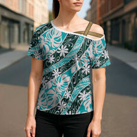 Cyan Tahiti Tiare Monstera Cross Shoulder Shirt Polynesian Pattern Curve Style - Polynesian Pride