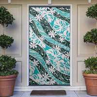 Cyan Tahiti Tiare Monstera Door Cover Polynesian Pattern Curve Style - Polynesian Pride