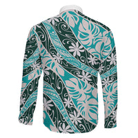 Cyan Tahiti Tiare Monstera Family Matching Long Sleeve Bodycon Dress and Hawaiian Shirt Polynesian Pattern Curve Style LT01 - Polynesian Pride