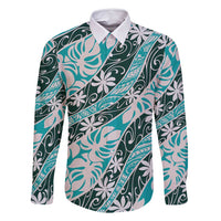 Cyan Tahiti Tiare Monstera Family Matching Mermaid Dress and Hawaiian Shirt Polynesian Pattern Curve Style LT01 Dad's Shirt - Long Sleeve Cyan - Polynesian Pride