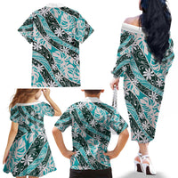 Cyan Tahiti Tiare Monstera Family Matching Off The Shoulder Long Sleeve Dress and Hawaiian Shirt Polynesian Pattern Curve Style LT01 - Polynesian Pride