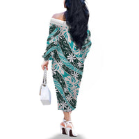 Cyan Tahiti Tiare Monstera Family Matching Off The Shoulder Long Sleeve Dress and Hawaiian Shirt Polynesian Pattern Curve Style - Polynesian Pride