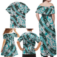 Cyan Tahiti Tiare Monstera Family Matching Off Shoulder Maxi Dress and Hawaiian Shirt Polynesian Pattern Curve Style LT01 - Polynesian Pride