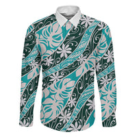 Cyan Tahiti Tiare Monstera Family Matching Off Shoulder Maxi Dress and Hawaiian Shirt Polynesian Pattern Curve Style LT01 Dad's Shirt - Long Sleeve Cyan - Polynesian Pride