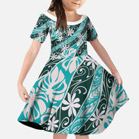 Cyan Tahiti Tiare Monstera Family Matching Off Shoulder Short Dress and Hawaiian Shirt Polynesian Pattern Curve Style LT01 Daughter's Dress Cyan - Polynesian Pride