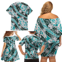 Cyan Tahiti Tiare Monstera Family Matching Off Shoulder Short Dress and Hawaiian Shirt Polynesian Pattern Curve Style LT01 - Polynesian Pride