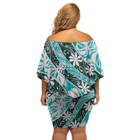 Cyan Tahiti Tiare Monstera Family Matching Off Shoulder Short Dress and Hawaiian Shirt Polynesian Pattern Curve Style - Polynesian Pride
