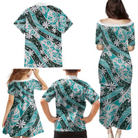 Cyan Tahiti Tiare Monstera Family Matching Puletasi and Hawaiian Shirt Polynesian Pattern Curve Style - Polynesian Pride