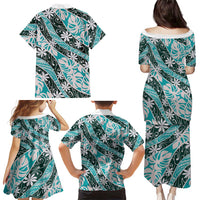Cyan Tahiti Tiare Monstera Family Matching Puletasi and Hawaiian Shirt Polynesian Pattern Curve Style - Polynesian Pride