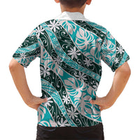Cyan Tahiti Tiare Monstera Family Matching Short Sleeve Bodycon Dress and Hawaiian Shirt Polynesian Pattern Curve Style LT01 - Polynesian Pride