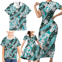 Cyan Tahiti Tiare Monstera Family Matching Short Sleeve Bodycon Dress and Hawaiian Shirt Polynesian Pattern Curve Style - Polynesian Pride