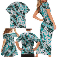 Cyan Tahiti Tiare Monstera Family Matching Short Sleeve Bodycon Dress and Hawaiian Shirt Polynesian Pattern Curve Style - Polynesian Pride