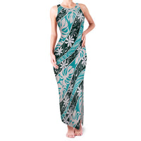 Cyan Tahiti Tiare Monstera Family Matching Tank Maxi Dress and Hawaiian Shirt Polynesian Pattern Curve Style - Polynesian Pride