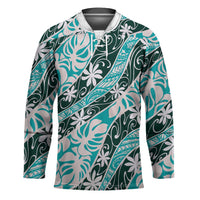 Cyan Tahiti Tiare Monstera Hockey Jersey Polynesian Pattern Curve Style - Polynesian Pride