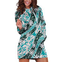 Cyan Tahiti Tiare Monstera Hoodie Dress Polynesian Pattern Curve Style - Polynesian Pride