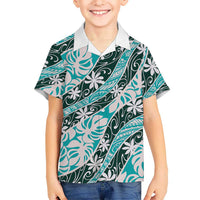Cyan Tahiti Tiare Monstera Kid Hawaiian Shirt Polynesian Pattern Curve Style - Polynesian Pride