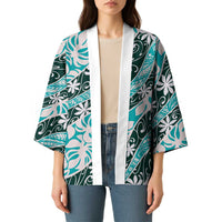 Cyan Tahiti Tiare Monstera Kimono Polynesian Pattern Curve Style - Polynesian Pride