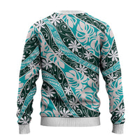 Cyan Tahiti Tiare Monstera Ugly Christmas Sweater Polynesian Pattern Curve Style - Polynesian Pride
