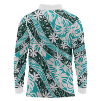 Cyan Tahiti Tiare Monstera Long Sleeve Polo Shirt Polynesian Pattern Curve Style - Polynesian Pride