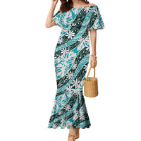 Cyan Tahiti Tiare Monstera Mermaid Dress Polynesian Pattern Curve Style - Polynesian Pride