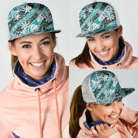 Cyan Tahiti Tiare Monstera Mesh Trucker Cap Polynesian Pattern Curve Style - Polynesian Pride