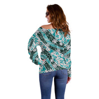 Cyan Tahiti Tiare Monstera Off Shoulder Sweater Polynesian Pattern Curve Style - Polynesian Pride