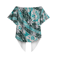 Cyan Tahiti Tiare Monstera Off Shoulder Wrap Waist Top Polynesian Pattern Curve Style LT01 - Polynesian Pride