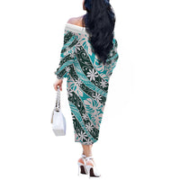 Cyan Tahiti Tiare Monstera Off The Shoulder Long Sleeve Dress Polynesian Pattern Curve Style - Polynesian Pride