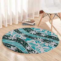 Cyan Tahiti Tiare Monstera Round Carpet Polynesian Pattern Curve Style - Polynesian Pride