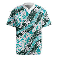 Cyan Tahiti Tiare Monstera Rugby Jersey Polynesian Pattern Curve Style - Polynesian Pride