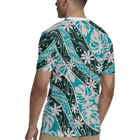 Cyan Tahiti Tiare Monstera Rugby Jersey Polynesian Pattern Curve Style - Polynesian Pride