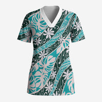 Cyan Tahiti Tiare Monstera Scrub Top Polynesian Pattern Curve Style - Polynesian Pride