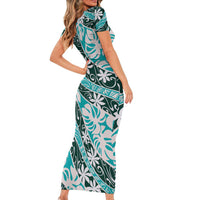 Cyan Tahiti Tiare Monstera Short Sleeve Bodycon Dress Polynesian Pattern Curve Style - Polynesian Pride