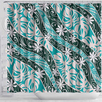 Cyan Tahiti Tiare Monstera Shower Curtain Polynesian Pattern Curve Style - Polynesian Pride