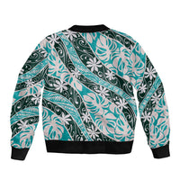 Cyan Tahiti Tiare Monstera Sleeve Zip Bomber Jacket Polynesian Pattern Curve Style - Polynesian Pride
