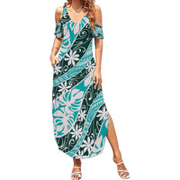 Cyan Tahiti Tiare Monstera Summer Maxi Dress Polynesian Pattern Curve Style - Polynesian Pride