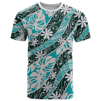 Cyan Tahiti Tiare Monstera T Shirt Polynesian Pattern Curve Style - Polynesian Pride