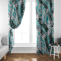 Cyan Tahiti Tiare Monstera Window Curtain Polynesian Pattern Curve Style - Polynesian Pride