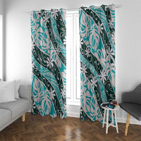 Cyan Tahiti Tiare Monstera Window Curtain Polynesian Pattern Curve Style - Polynesian Pride