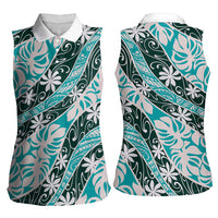 Cyan Tahiti Tiare Monstera Women Sleeveless Polo Shirt Polynesian Pattern Curve Style - Polynesian Pride