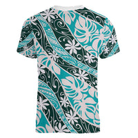 Cyan Tahiti Tiare Monstera Women V-Neck T-Shirt Polynesian Pattern Curve Style - Polynesian Pride