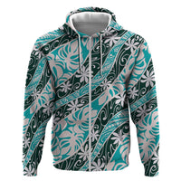 Cyan Tahiti Tiare Monstera Zip Hoodie Polynesian Pattern Curve Style - Polynesian Pride
